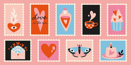Set of cute hand-drawn post stamps with Valentines Day, Love theme attributes like heart, candle, cupcake. Trendy modern vector illustartions in Cartoon style.のイラスト素材