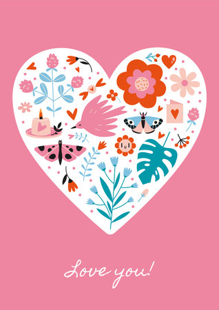 Saint Valentine's greeting card with heart and romantic objects inside, cartoon style. Trendy modern vector illustration, hand drawn, flat design.のイラスト素材