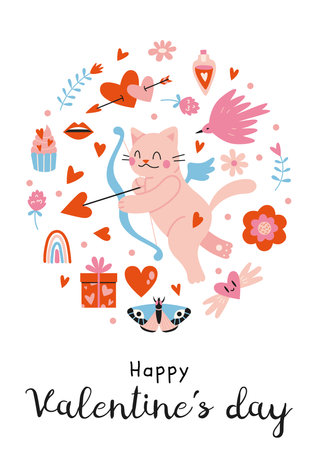 Happy Valentine's day. Greeting card with cupid cat and romantic objects, cartoon style. Trendy modern vector illustration, hand drawn, flat design.のイラスト素材