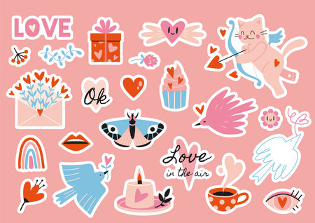 Cute stickerpack with Valentines Day, Love theme attributes and trendy lettering, cartoon style. Set of stickers for planner and diaries, vector flat illustration. Decorations for notebookのイラスト素材