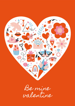 Be mine valentine. Greeting card with heart and romantic objects inside, cartoon style. Trendy modern vector illustration, hand drawn, flat design.のイラスト素材