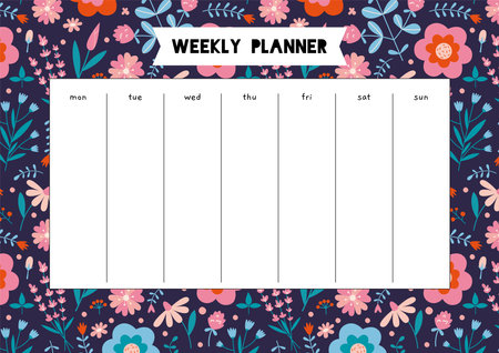Cute weekly planner with spring vibe and flower pattern, cartoon style. Schedule for 7 days. Trendy modern vector illustration, hand drawn, flat design.のイラスト素材