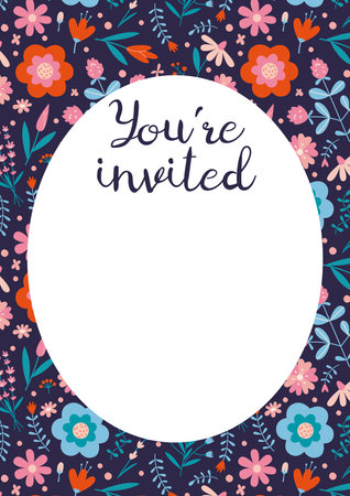 Invitation Card Template, You are invited, with spring vibe and flower pattern, cartoon style. Trendy modern vector illustration, hand drawn, flat design.のイラスト素材