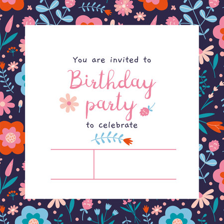Birthday Party Invitation Card Template with spring vibe, flower pattern, cartoon style. Trendy modern vector illustration, hand drawn, flat design.のイラスト素材