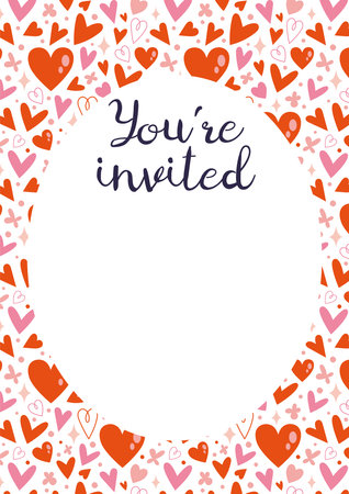 Invitation Card Template, You are invited, with heart pattern, cartoon style. Trendy modern vector illustration, hand drawn, flat design.のイラスト素材