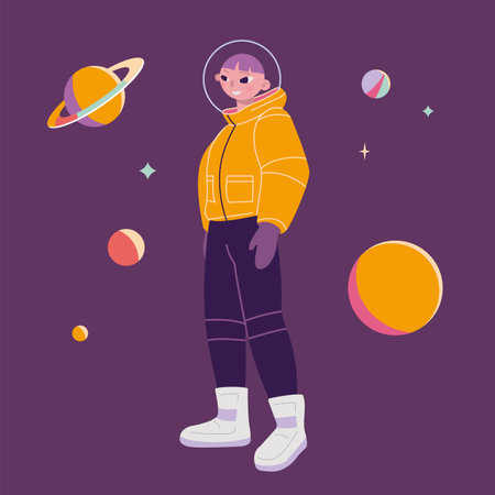Boy in Space suit with planets and stars, cartoon style. Trendy modern vector illustration, hand drawn, flat design.のイラスト素材