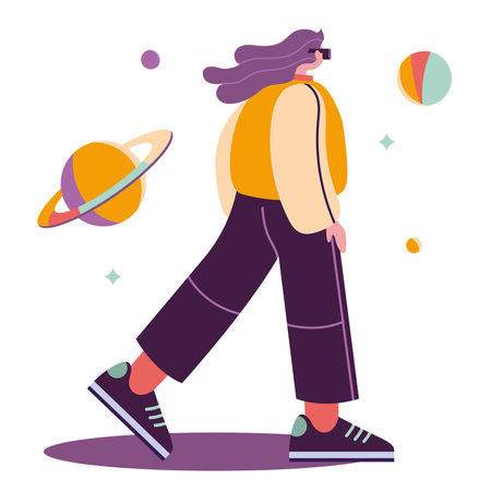 Girl in VR glasses with planets, cartoon style. Concept of virtual reality technology, metaverse. Trendy modern vector illustration isolated on white background, hand drawn, flat design.のイラスト素材