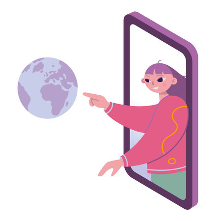 Girl touches the globe through a smartphone, cartoon style. Concept of global internet communication, connection with the whole world and travel. Trendy vector isolated illustration, flat design.のイラスト素材