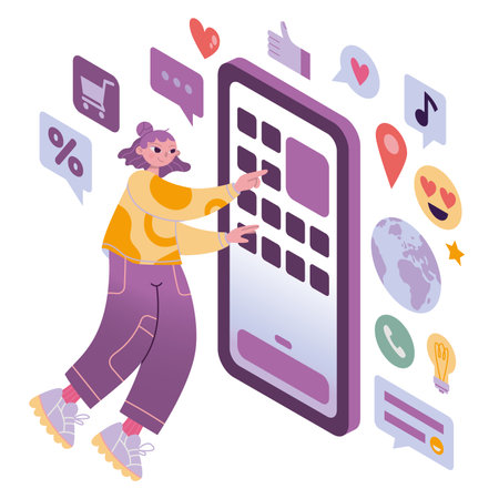 Girl interacting with smartphone screen application menu, cartoon style. Online social communication, variety of phone functions concept. Trendy vector illustration isolated on white, flat design.のイラスト素材