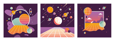 Virtual reality backgrounds set, cartoon style. Cyberspace entry concept, window to the metaverse. Space, planets and stars, retro futurism. Trendy vector illustration, hand drawn, flat design.のイラスト素材