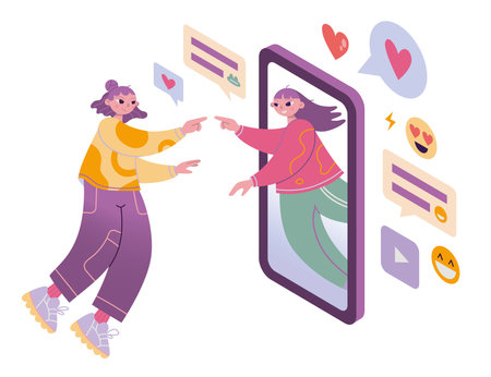 Girl communicates with her friend via smartphone, online contact, cartoon style. Concept of global internet connection, social networks and messengers. Trendy isolated vector illustration, flat designのイラスト素材
