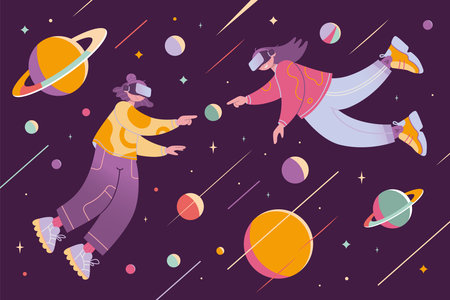 Metaverse or Virtual reality communication concept, cartoon style. Two girls in VR glasses meet, flying in outer space with planets and stars. Trendy vector illustration, hand drawn, flat design.のイラスト素材