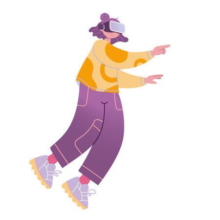 Girl in VR digital glasses flying through space, cartoon style. Character concept, Metaverse or Virtual reality. Trendy modern vector illustration isolated on white, hand drawn, flat design.のイラスト素材