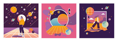Concept of virtual reality technology, digital metaverse set, cartoon style. Character in VR glasses on Background with space, planets and stars. Trendy vector illustration, hand drawn, flat design.のイラスト素材
