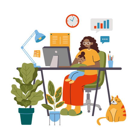 African American woman freelancer with child, cartoon style. Business Mom holding her infant baby and working on computer at home. Maternity and career. Trendy modern vector illustration, flat designのイラスト素材