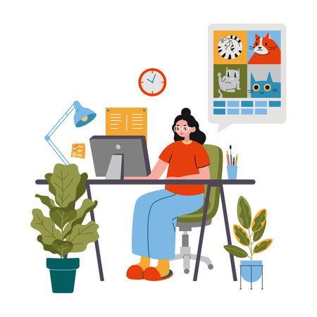 Woman uses AI service to generate images of cat on computer, cartoon style. Neural network, artificial intelligence concept. Trendy modern vector illustration isolated on white, flat design.のイラスト素材