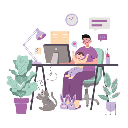 Man freelancer with child, cartoon style. father holding baby and working on computer at home. Parenthood and career, online education. Trendy modern vector illustration, flat design.のイラスト素材
