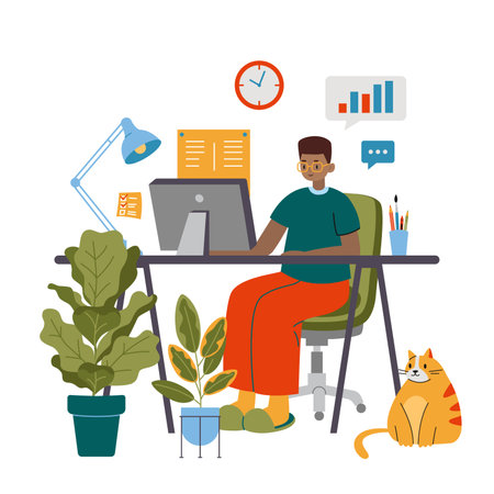African American business man working on computer at the desk, cute cozy home workplace, cartoon style. Online career, self employed concept. Trendy modern vector illustration, flat design.のイラスト素材
