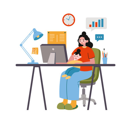 Woman freelancer with child, cartoon style. Business Mom holding her infant baby, sitting at desk and working on computer at home. Maternity and career. Trendy modern vector illustration, flat designのイラスト素材
