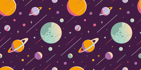 Outer Space Seamless pattern, abstract Background with planets and stars. Trendy modern vector illustration, hand drawn, flat design.のイラスト素材