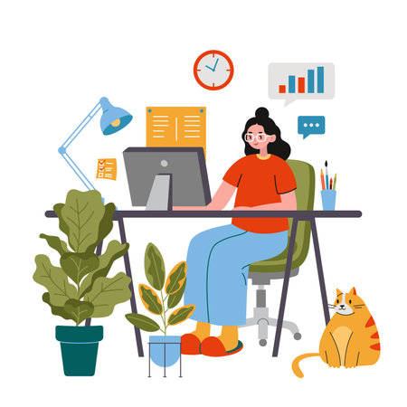 Business woman working on computer at the desk, cute cozy home workplace, cartoon style. Online career, self employed concept. Trendy modern vector illustration, flat design.のイラスト素材