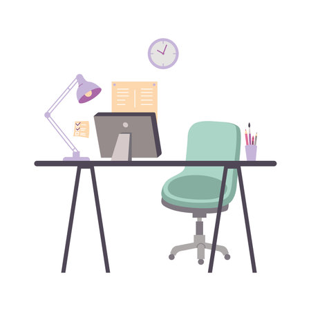 Office or home workplace with table, chair, computer and lamp, cartoon style. Trendy modern vector illustration isolated on white background, hand drawn, flat design.のイラスト素材