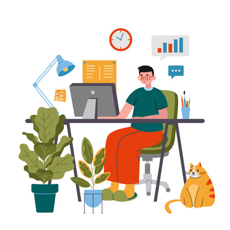 Business man working on computer at the desk, cute cozy home workplace, cartoon style. Online career, self employed concept. Trendy modern vector illustration, flat design.のイラスト素材