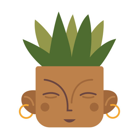 Haworthia, potted house plant, cartoon style. Succulent in a ceramic pot in the form of a head. Trendy modern vector illustration isolated on white background, hand drawn, flat design.のイラスト素材
