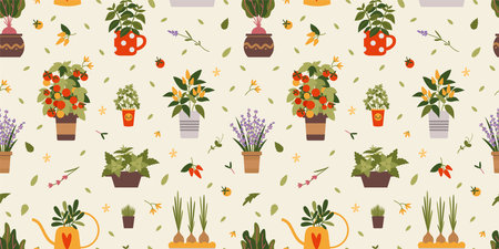 Indoor kitchen garden plants seamless pattern, cartoon style. Various types of herbs and vegetables in a pots. Urban Cozy home gardening hobby. Trendy modern vector illustration, hand drawn, flat.のイラスト素材