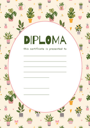 School diploma certificate for children and students with floral pattern, cartoon style. Background with houseplants and place for text. Trendy modern vector illustration, hand drawn, flat design.のイラスト素材