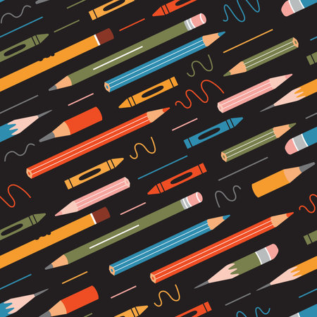 Seamless pattern with various pencils and crayons on black background, cartoon style. Trendy modern vector illustration, hand drawn, flat design.のイラスト素材