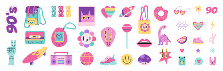 90s retro elements big set, cartoon illustration. Vintage nineties vibes aesthetic in modern style, bright pastel color. Trendy modern vector art isolated on white background, hand drawn, flat designのイラスト素材