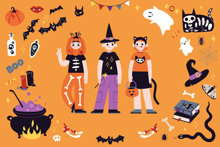 Kids in halloween costumes and a frame from the attributes of the holiday. Funny and cute carnival kids set, cartoon style. Trendy modern vector illustration, hand drawn, flat designのイラスト素材