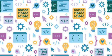 Seamless pattern with Concept of computer programming languages or developing software, cartoon...
