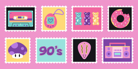 Set of cute hand-drawn post stamps with 90s retro elements. Vintage nineties vibes aesthetic in modern style, bright pastel color. Trendy modern vector Cartoon illustrations.のイラスト素材