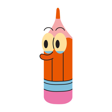 Funny Pencil with eyes, cartoon style, vintage groovy character. Trendy modern vector illustration isolated on white background, hand drawn, flat design.のイラスト素材