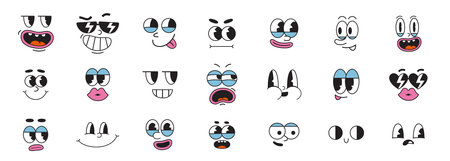 Set of retro cartoon faces with outline, groovy comic characters facial expressions. Emotions like happy, sad, angry, wonder. Trendy modern vector illustration isolated on white, hand drawn, flat.のイラスト素材