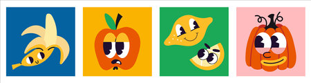 Funny fruits like banana, apple, lemon and pumpkin with eyes and mouth, cartoon style, vintage groovy character. Square colorful icons. Trendy modern vector illustration, hand drawn, flat design.のイラスト素材