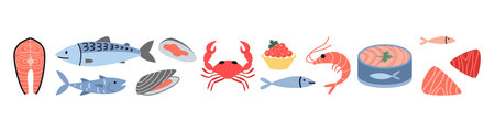 Seafood set, cartoon style. Marine animal like salmon, tuna, shrimp, crab and mussel. Fresh fish, canned food, meat and steaks. Trendy vector illustration isolated on white, hand drawn, flat design.のイラスト素材