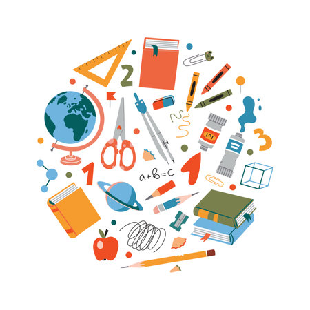 Round composition with cute school stationery and Art Supplies. Bundle with student stuff like a globe, books, scissors, paints and crayons. Trendy vector illustration, hand drawn, flat design.のイラスト素材