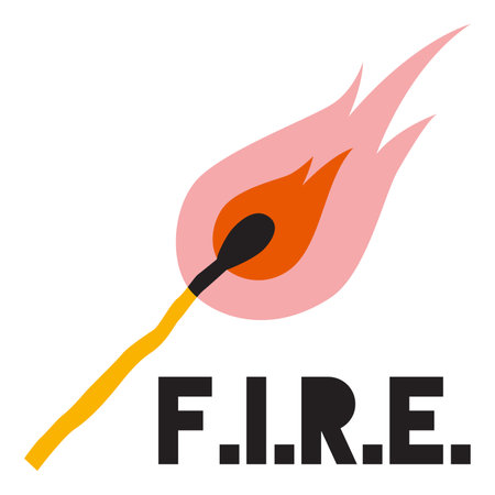 The FIRE. concept, cartoon style. Financial Independence Retire Early movement symbol, burning match stick with flame. Trendy modern vector illustration isolated on white, hand drawn, flat design.のイラスト素材