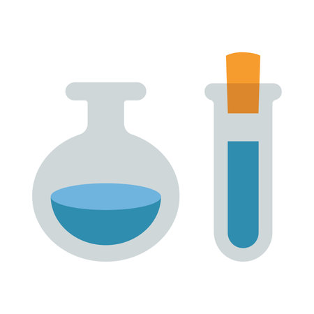 Two Laboratory test tubes, flasks. Transparent glassware with chemical reagents. Experiment equipment for chemistry lessons. Vector illustration isolated on white, flat design.のイラスト素材