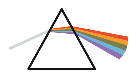 Triangular dispersive optical prism scattering light into the spectral components of the colors of the rainbow. Vector illustration isolated on white background, hand drawn, flat design.のイラスト素材