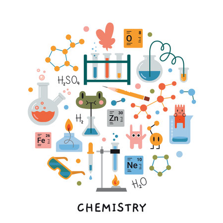 Chemistry lesson at school. Round composition with Laboratory equipment, Test tube, chemical lab stuff and cute characters. Education concept. Vector illustration isolated on white, hand drawn, flat.のイラスト素材