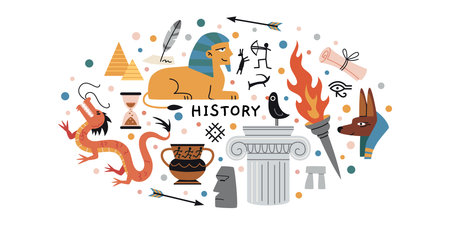 History lesson at school, science of the past. Oval art with monuments, ancient artifacts, drawings and products, the sphinx, capitals and dragon. Vector isolated illustration, hand drawn, flatのイラスト素材
