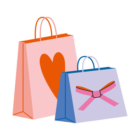 Valentines, Christmas and New Year gifts package, paper bags with festive decorations like heart and bow. Trendy modern vector illustration isolated on white background, hand drawn, flat design.のイラスト素材