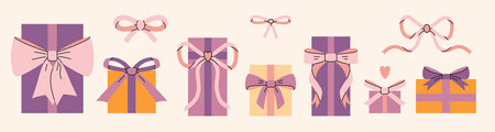 Gifts package set, boxes with festive decorations like ribbons and bows, wrapping paper. Pastel colors, gentle romantic mood. Trendy modern isolated vector illustration, hand drawn, flat design.のイラスト素材