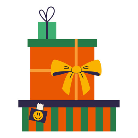 Christmas and New Year gifts package, boxes with festive decorations ribbons and bow. Trendy modern vector illustration isolated on white background, hand drawn, flat design.のイラスト素材