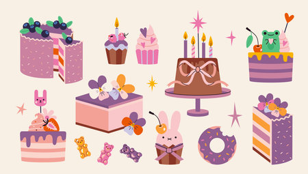 Set with cute cakes, cupcakes and sweets with decor and Birthdays celebration burning candles....