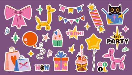 Cute stickers with bright Festive party decor. Celebration set with balloons, sweets, gifts, garland, lettering and stars. Stickerpack for planner. Trendy modern vector illustration, hand drawn, flat.のイラスト素材